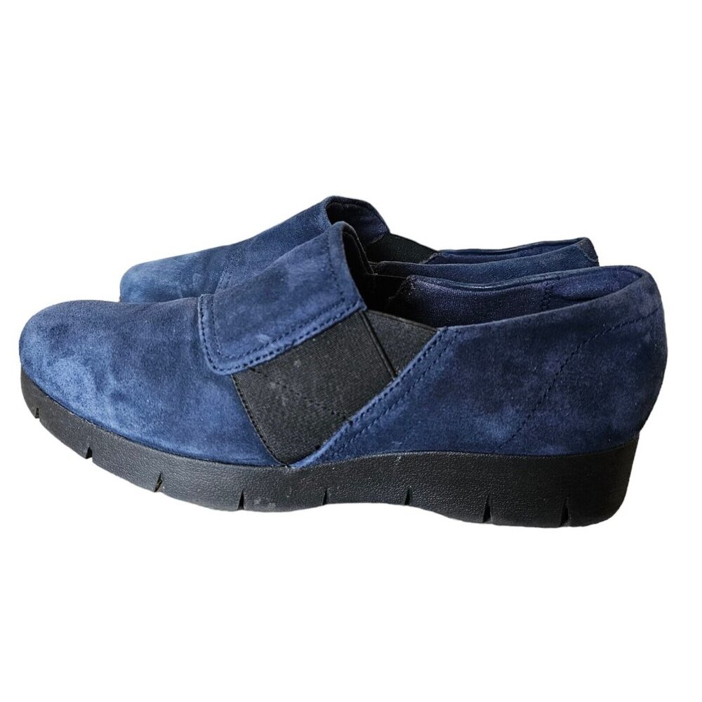 Clarks Artisan Womens Platform Loafers Shoes Navy Blue Suede Stretch‎ Size 6W